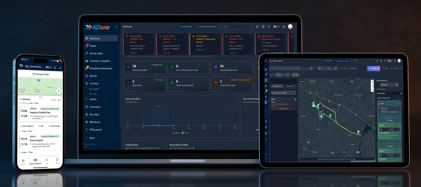 ADonePRO: dashboard, agenda tecnici e app mobile su computer, tablet e smartphone